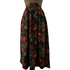 '80s Nostalgia Dark Floral Tapestry Skirt Pockets Pleated Midi